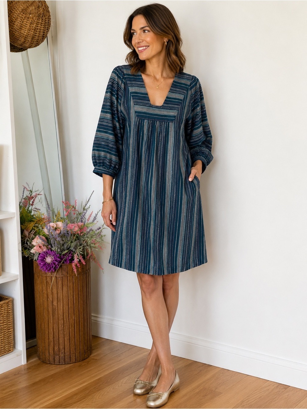 Garnet Hill Teal and Navy Striped Mini Dress